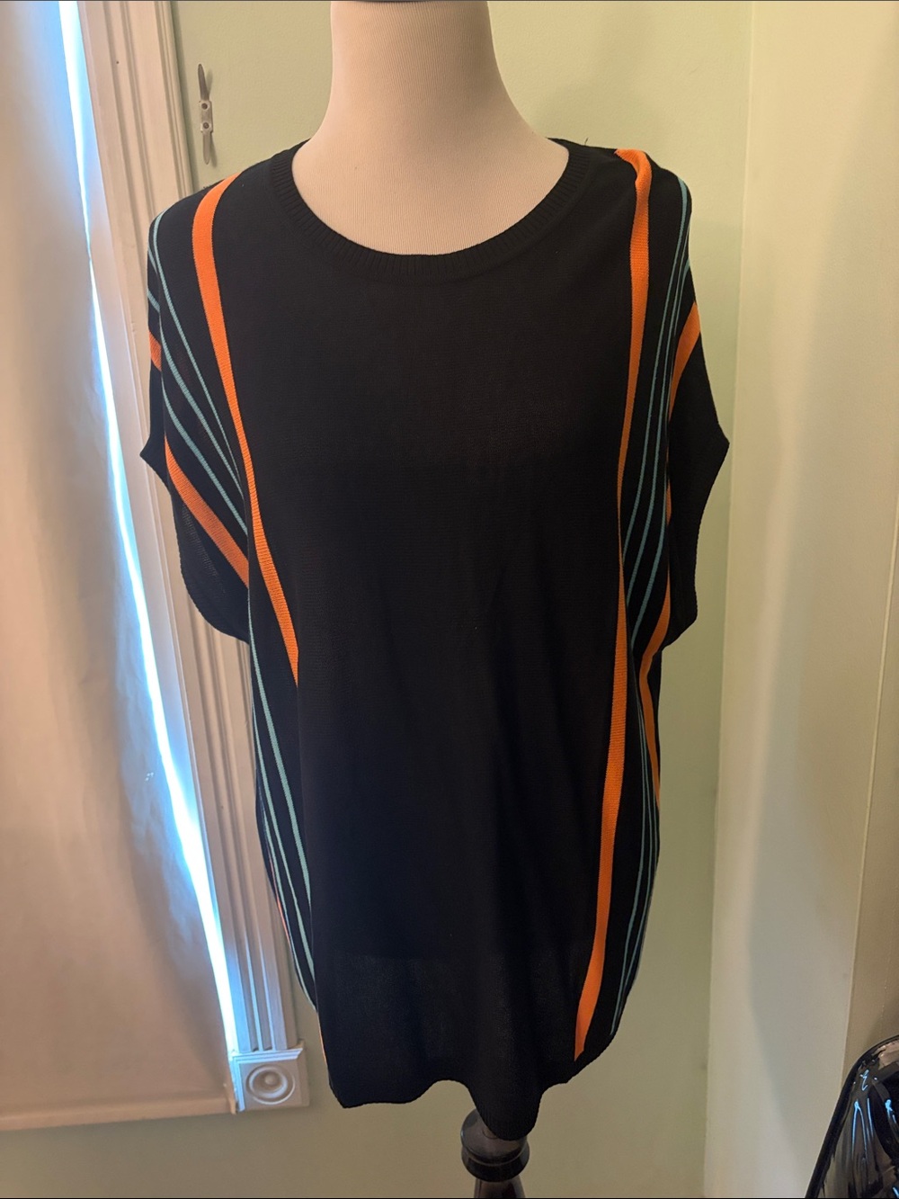 Women’s Black Knit Tunic with Orange and Teal Stripes Blouse